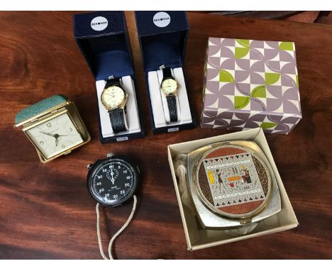 Vintage vanity case, Smiths rally timer, Westclox travel clock & sekonda watches 