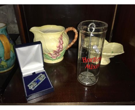 2 Pieces of Carlton ware, Art Deco style brooch & Vintage glass Horlicks mixer 