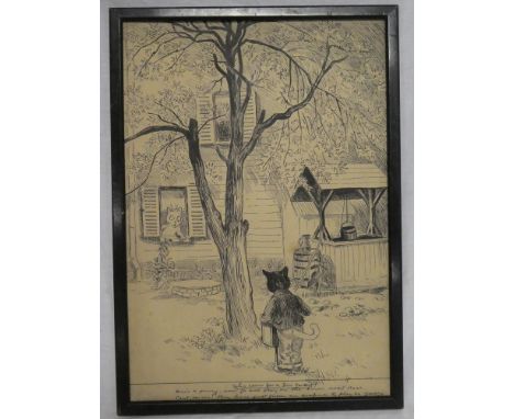 Louis Wain - pen and inkOriginal artwork sketch "Here's a penny, now go and play on the lawn next door. Can't Mum! They have 