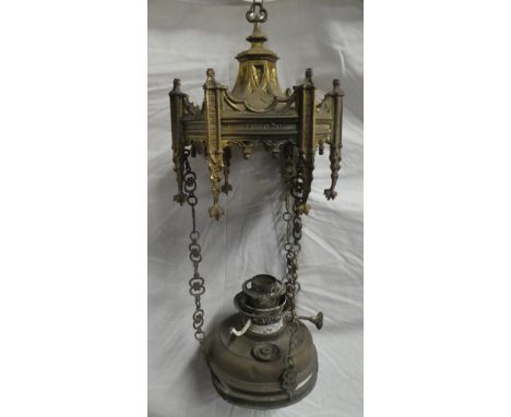 A Victorian gilt brass Gothic-style hanging oil lamp fitting