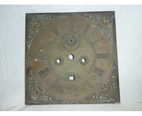 A late 17th/ early 18th Century brass 11" square longcase clock dial by Edward Clement of Exeter (Exon)