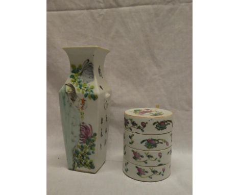 A Cantonese china square tapered vase with painted decoration 9" high and set of four Cantonese stacking ceramic bowls with p