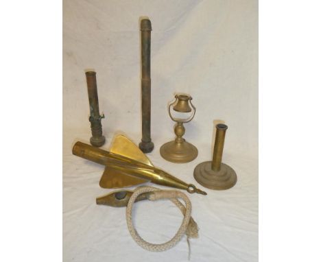 A brass ships taffrail log spinner, part nautical gimbled lamp, two brass weighted candle lamp stems etc