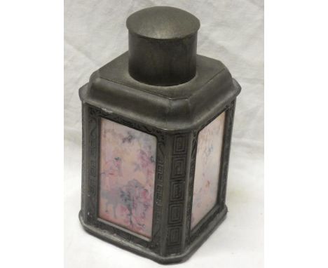 A Chinese bronzed metal square tea caddy with figure decorated glass panels 6 ½" high