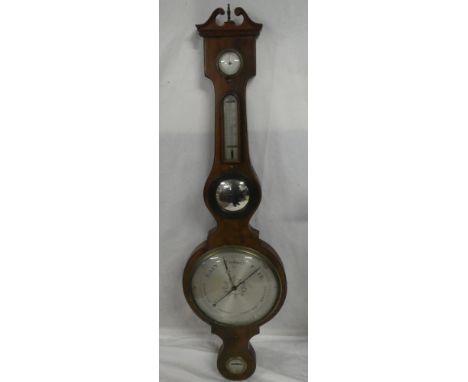 A 19th Century mercury barometer with silvered circular dial, mirror, thermometer and two subsidiary dials in inlaid mahogany