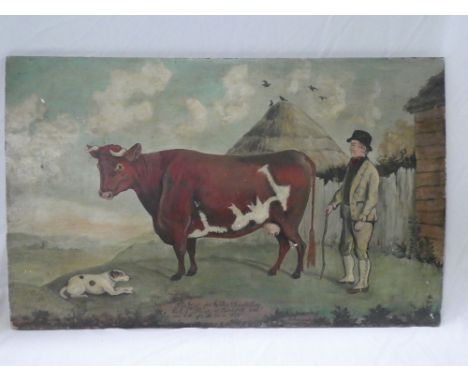 G**Andrews - oil on wood panel20th Century naive study of a farmer with cow and dog "This Cow Fed by Thos. Chandler Esq took 