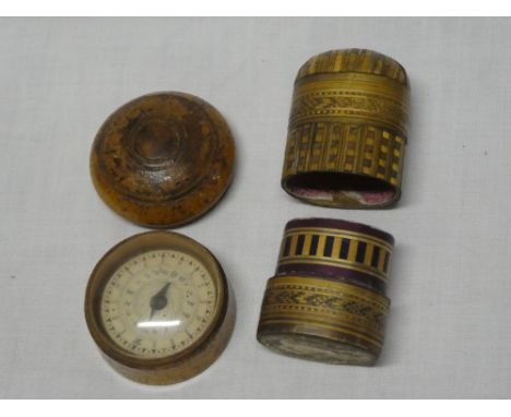 A 19th Century miniature dry card pocket compass in turned wood case and a Napoleonic Prisoner of War-style straw- work pocke