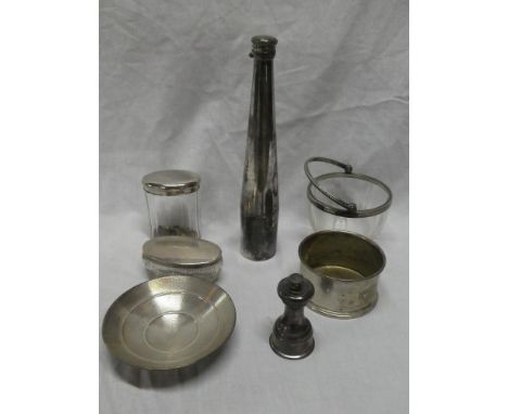 A silver plated travelling flask with hinged lid and base cup; silver mounted cut glass toiletry jar; small silver pepper gri