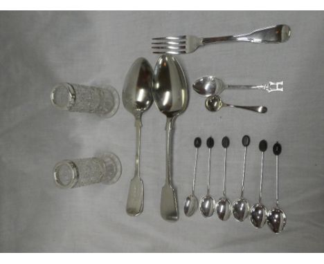 A William IV silver "Fiddle" pattern dessert fork, a set of six silver coffee spoons with bean terminals and other cutlery, t