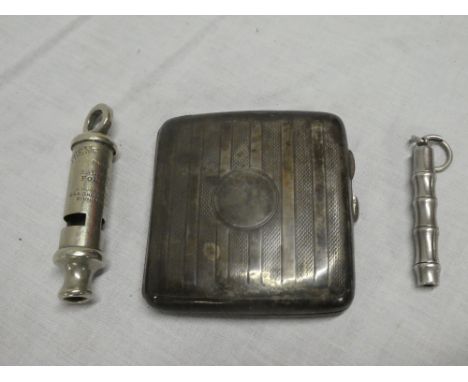 A silver rectangular concave cigarette case with engine turned decoration, nickel propelling pencil and a Metropolitan Police