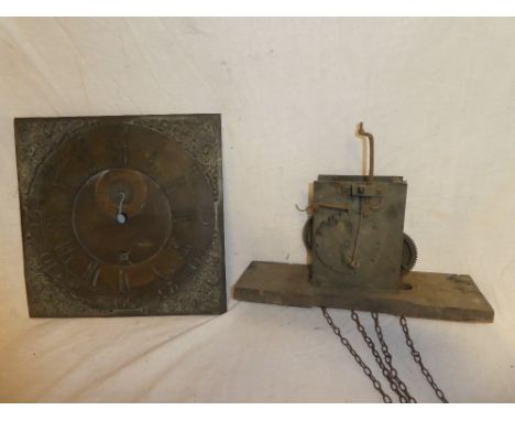 An 18th Century brass 11" square longcase clock dial by Arthur Mitchell of Dorchester with detached 30-hour movement (af)