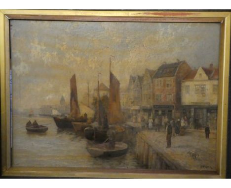 K** Wagner - oil on canvasGerman/Dutch harbour scene with fishing boats and figures, signed 28" x 39"