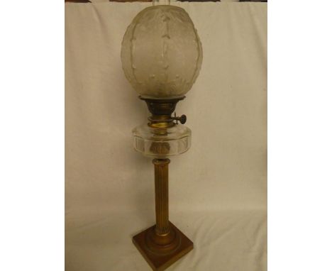 A Victorian brass oil lamp with fluted column, clear glass reservoir and etched glass shade (tiny hairline crack to shade)