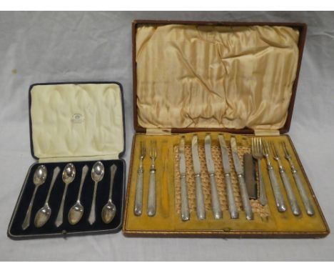 A set of six silver teaspoons, Sheffield marks 1932 in velvet lined case; part set of silver handled tea knives and forks, si