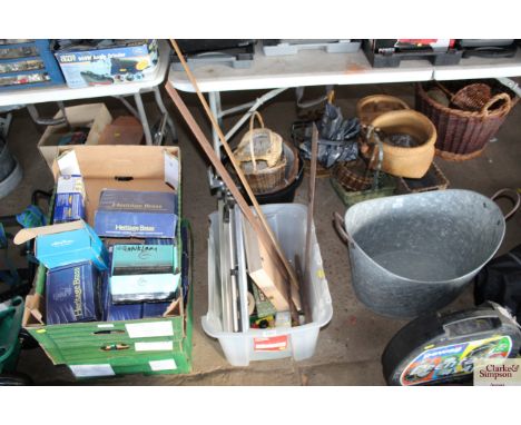 A box containing various artists materials, T squares, camera tripod etc.