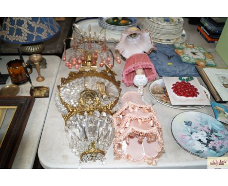 A quantity of light fittings with prism drops etc.