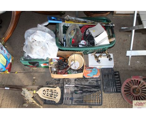 A large quantity of tools including jump leads, foot pump, metal letters, a pair of as new taps, drill bits, new Black &amp; 