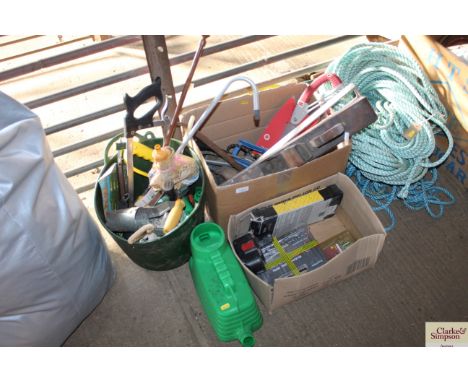 A plastic pail of tools, a box of tools containing a large jack plane, foot pump etc. a box of screws etc. and a small plasti