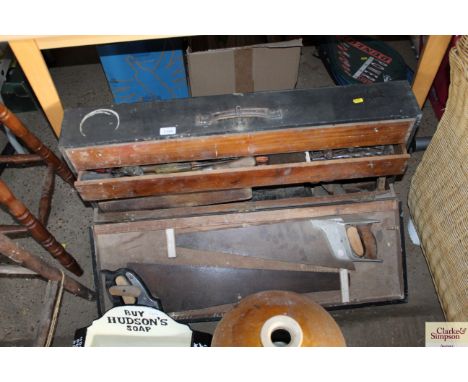 A vintage carpenters tool box and contents of tools 