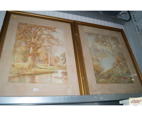 H Vane Turner, two watercolour studies depicting woodland river scenes, contained in large gilt frames