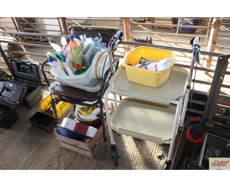 A mobility two wheel trolley with brakes, a commode chair, a quantity of cleaning equipment and a box of china etc.