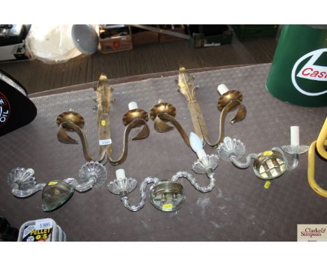 A pair of brass coloured metal wall light fittings and three Deco wall light fittings (one AF)