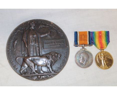 A First War pair of medals with bronze memorial plaque awarded to No. 29989 Pte. F. S. Braddock DCLI (Frederick Samuel Braddo