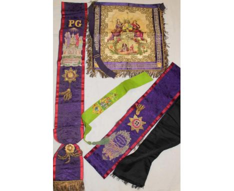 An Independent Order of Odd Fellows Manchester Unity embroidered sash and printed silk apron together with one other similar 
