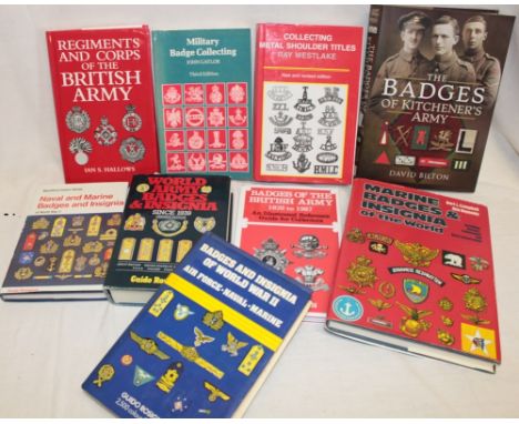 Various military badge related volumes including World Army Badges and Insignia; Naval and Marine Badges and Insignia, the Ba