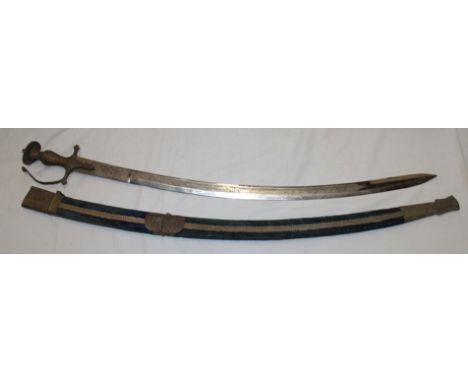 A reproduction Indian Tulwar sword with brass hilt and fabric covered scabbard