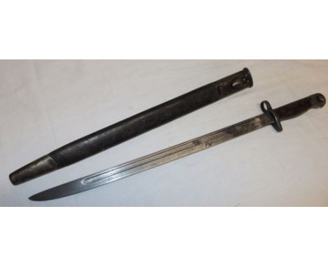 A 1907 pattern Lee Enfield bayonet by Sanderson in steel mounted leather scabbard