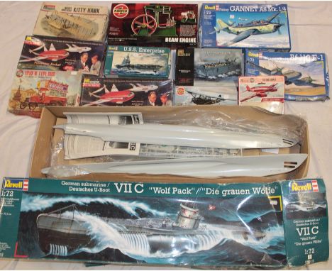 A selection of various boxed model kits including Revell 1:72 German U-boat, aircraft kits, beam engine and others etc.
