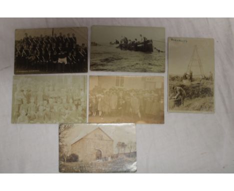 Six various early photographic Cornish postcards including Porkellis Weslyan Chapel, Lanner School, Seine Fishing for Pilchar