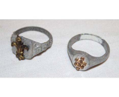 An aluminium trench-art French Resistance ring with Cross of Lorraine emblem and one other French aluminium trench-art ring w