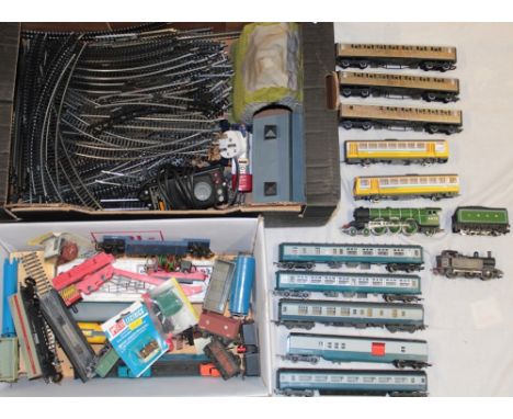 Hornby 0 gauge - Flying Scotsman locomotive and tender, BR tank engine, three teak coaches, various other coaches, goods wago