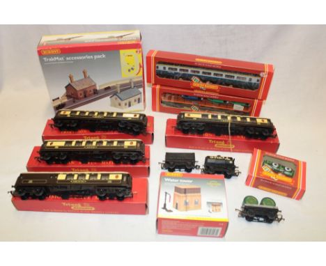 A selection of various 00 gauge railway including engine shed, carriages, boxed wagons, 0-6-0 engine etc.