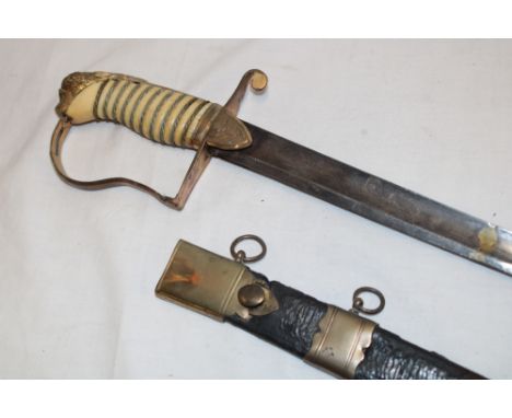 An 1805 pattern Naval Officer's sword with 32" etched steel blade by Runkel of Solingen (repair to blade), gilt brass stirrup