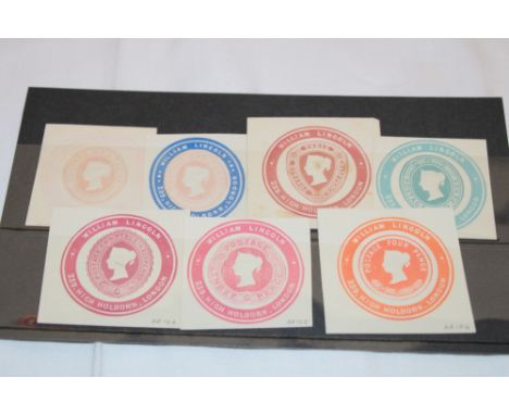 Seven Victorian William Lincoln advertising ring stamps with square cut mounts