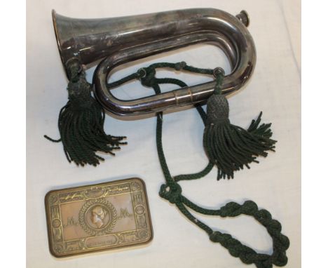 A silver-plated light infantry bugle by Hawkes & Son, Piccadilly Circus London with green cord tassels and a 1914 Princess Ma