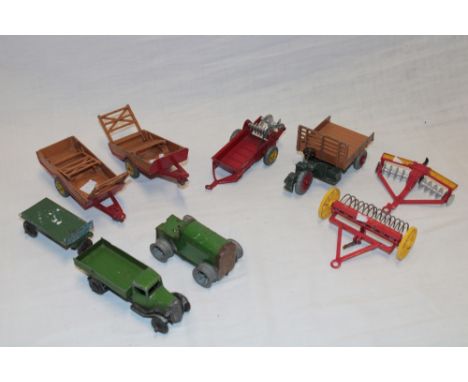 An early Dinky diecast open lorry with trailer, Triang Minic tractor, various farm implements etc.