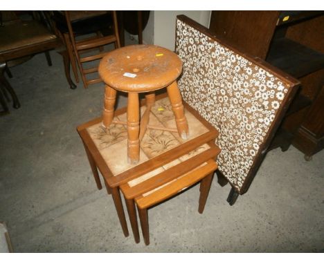 tile top nest of tables, small painted stool and folding table