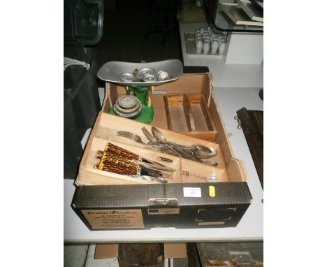 box inc vintage kitchenalia, scales and cutlery box