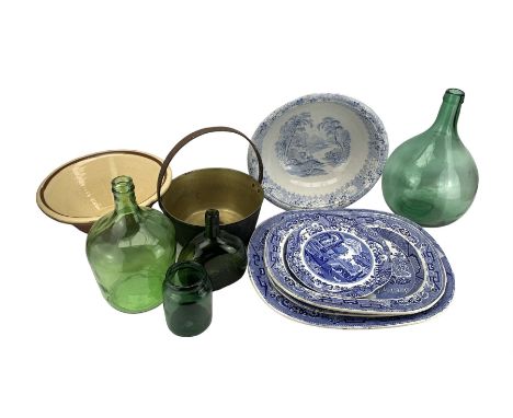 Victorian willow pattern meat platter, 19th century transfer printed wash bowl, bread pancheon, green glass bottles and brass