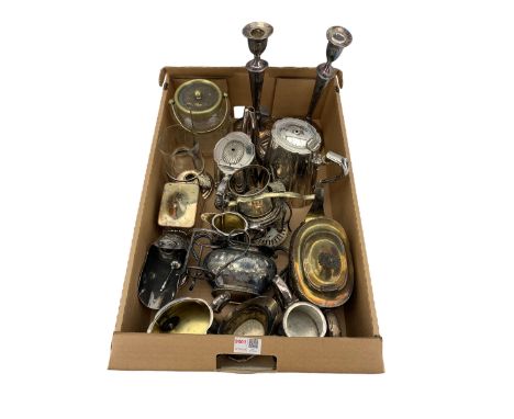 Pair of Adams style silver-plated candlesticks, Victorian plated tea sets, Old Sheffield plate tea caddy etc in one box