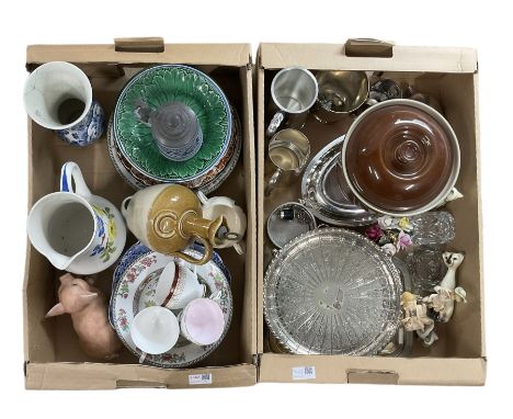 Plated entree dishes, hip flask, other plated items, Doulton, Imari and other decorative plates etc in two boxes