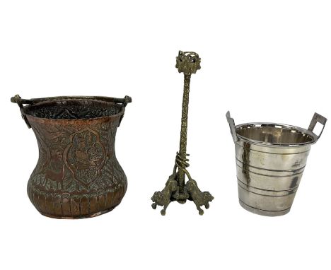 19th century Persian copper and brass bucket with swing handle, decorated with figures and animals, a 19th century brass cand