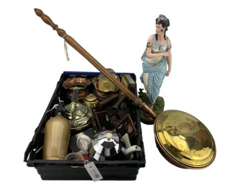 Pair of Art Nouveau copper vases, warming pan, painted spelter figure, pierced silver-plated dish, brass kettle and other met