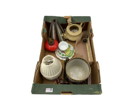 Chinese small jardiniere on metal stand, wall light and other items