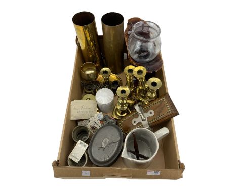 Victorian brass candlesticks, two brass shell cases, Victorian oval tea caddy, elephant form pin cushion etc in two boxes