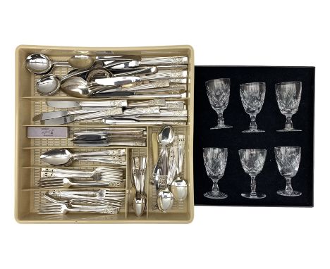 Community Plate Hampton Court pattern flatware, silver salt spoon and six cut glass drinking glasses etc